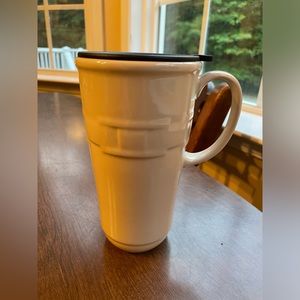 Longaberger ivory pottery tall mug with handle and lid
